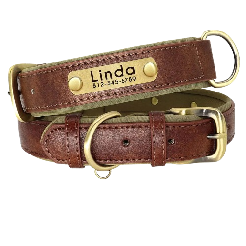 Customized PU Leather Nameplate Dog Collar Soft Padded Dogs Collars Free Engraving Name for Small Medium Large Dogs Adjustable