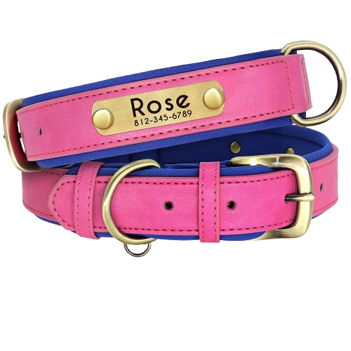 Customized PU Leather Nameplate Dog Collar Soft Padded Dogs Collars Free Engraving Name for Small Medium Large Dogs Adjustable