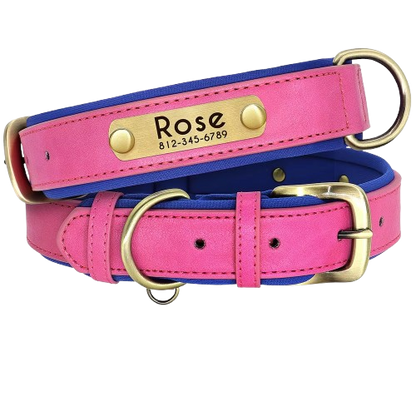 Customized PU Leather Nameplate Dog Collar Soft Padded Dogs Collars Free Engraving Name for Small Medium Large Dogs Adjustable