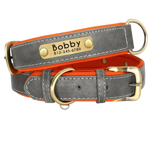 Customized PU Leather Nameplate Dog Collar Soft Padded Dogs Collars Free Engraving Name for Small Medium Large Dogs Adjustable