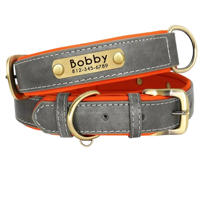 Customized PU Leather Nameplate Dog Collar Soft Padded Dogs Collars Free Engraving Name for Small Medium Large Dogs Adjustable