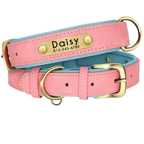 Customized PU Leather Nameplate Dog Collar Soft Padded Dogs Collars Free Engraving Name for Small Medium Large Dogs Adjustable