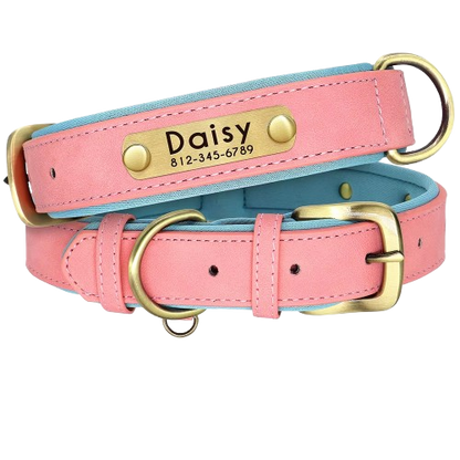 Customized PU Leather Nameplate Dog Collar Soft Padded Dogs Collars Free Engraving Name for Small Medium Large Dogs Adjustable