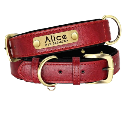 Customized PU Leather Nameplate Dog Collar Soft Padded Dogs Collars Free Engraving Name for Small Medium Large Dogs Adjustable